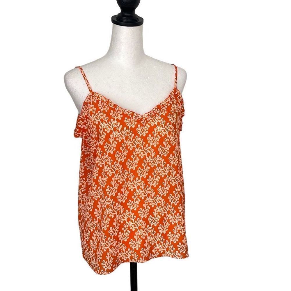 LOFT‎ Tank Top Orange Pattern Ruffle Size Medium Petite New